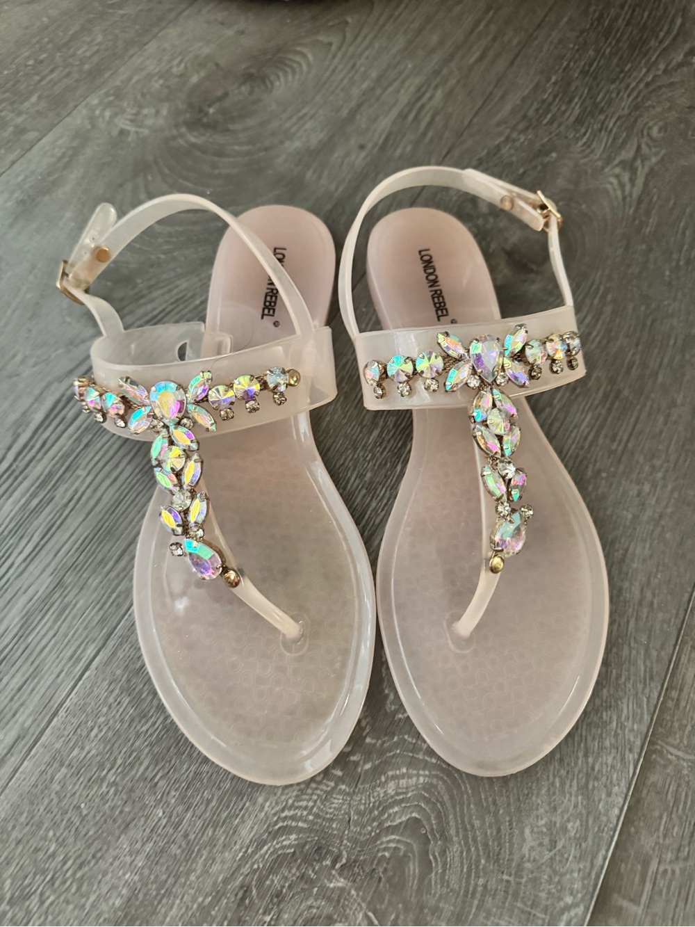 London Rebel Iridescent Rhinestone Jelly Sandals